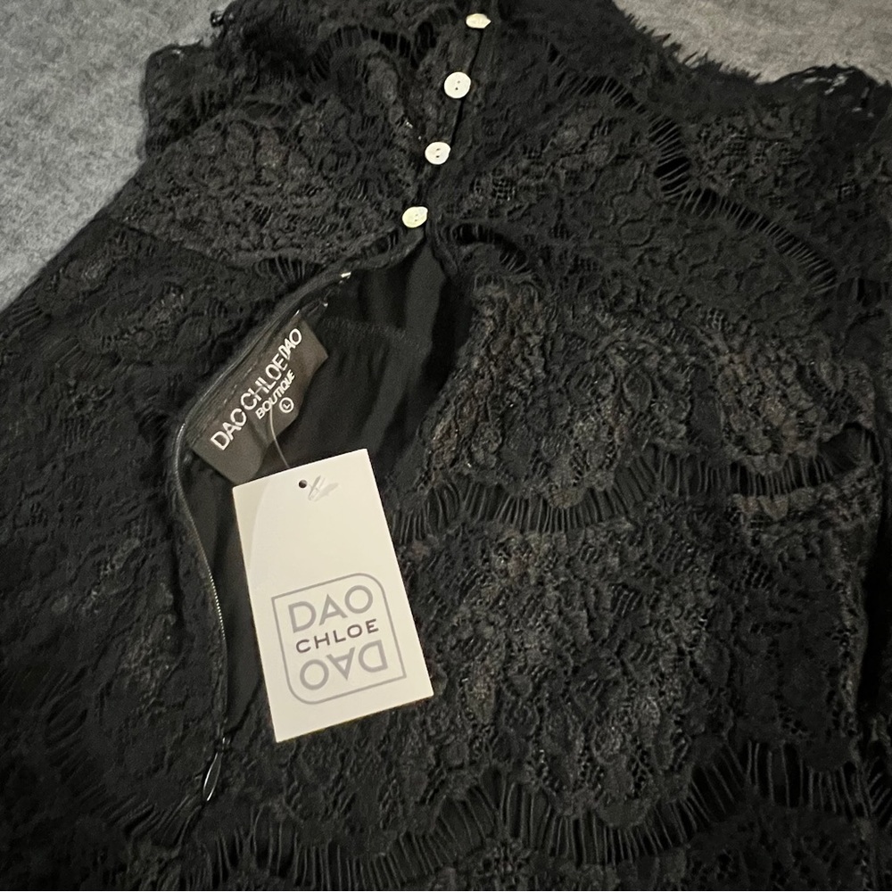 NWT Designer Chloe Dao Black Lace Halter Dress Eyelash Lace Buttons Zipper Large - Picture 8 of 15
